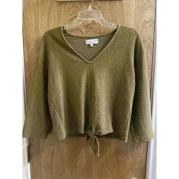 Madewell Texture & Thread Womens S Olive Long Sleeve Tie Front Shirt Ribbed - Picture 1 of 6